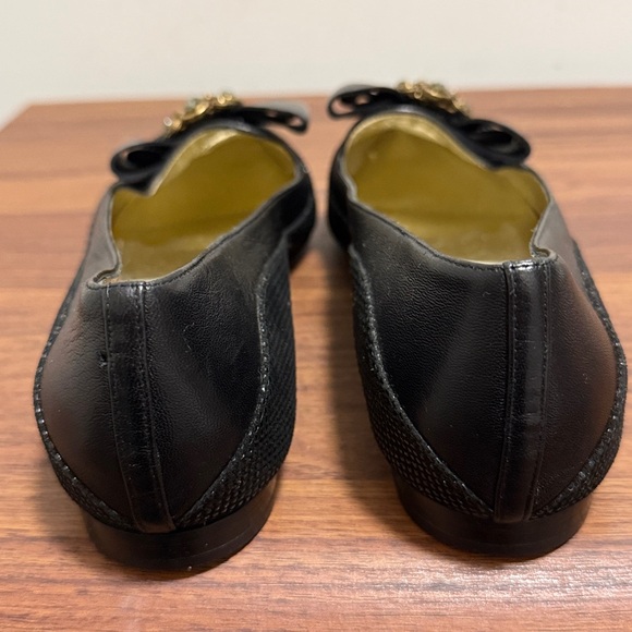 Sandro Vicari Slip On Flat Black Leather Shoe with Satin Bow & Crystal ornament. - Picture 5 of 9